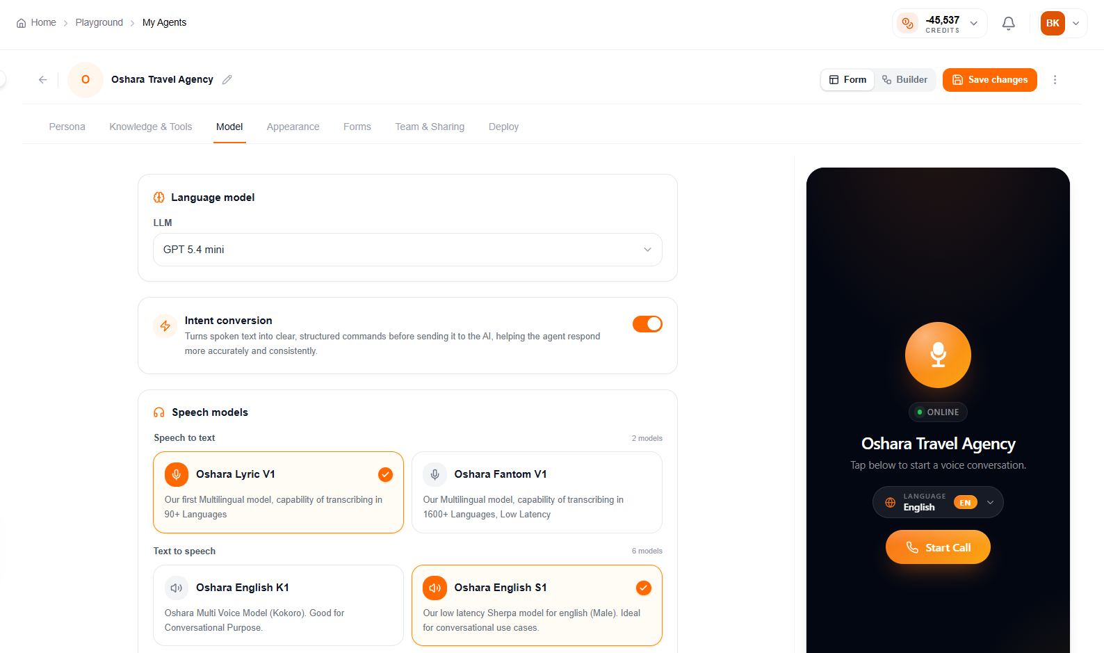 Model tab — LLM, STT and TTS selection