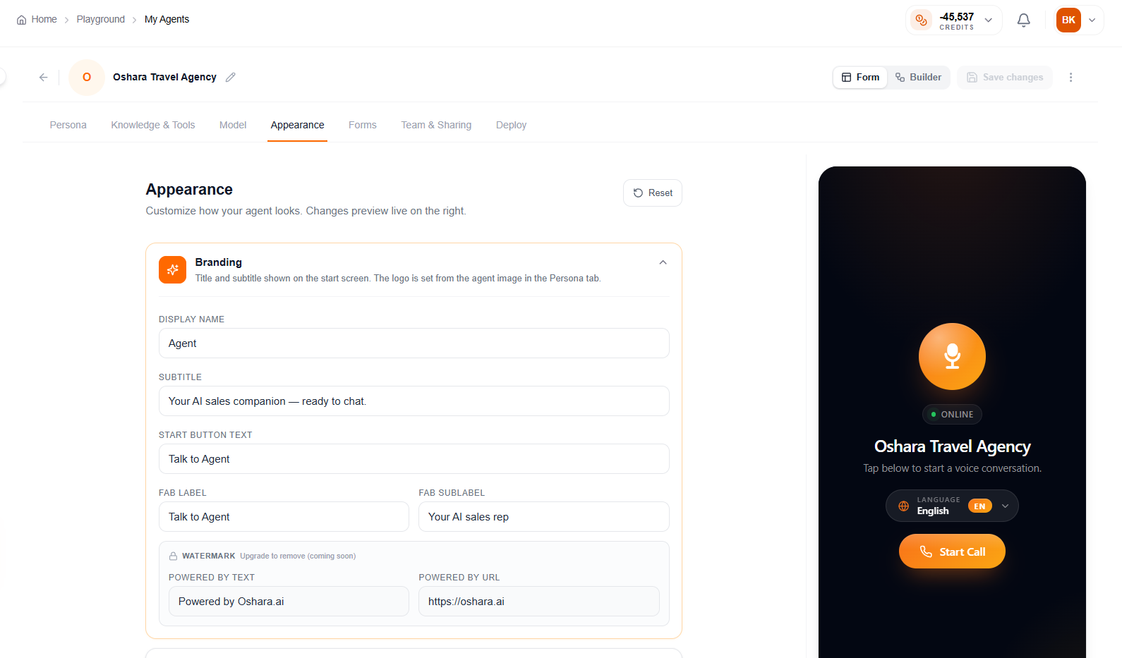 Appearance tab with live widget preview