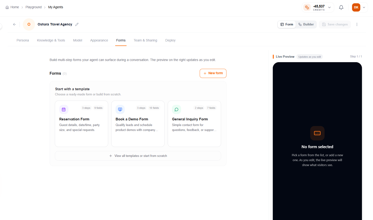 Forms tab — building a custom form