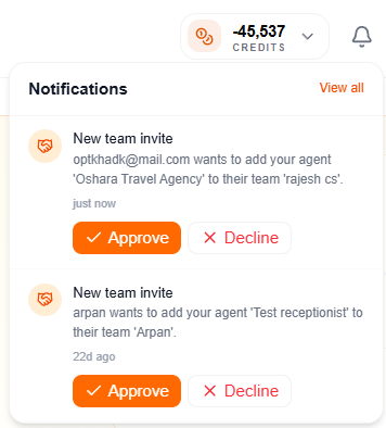 Notifications — approve or decline a team invite