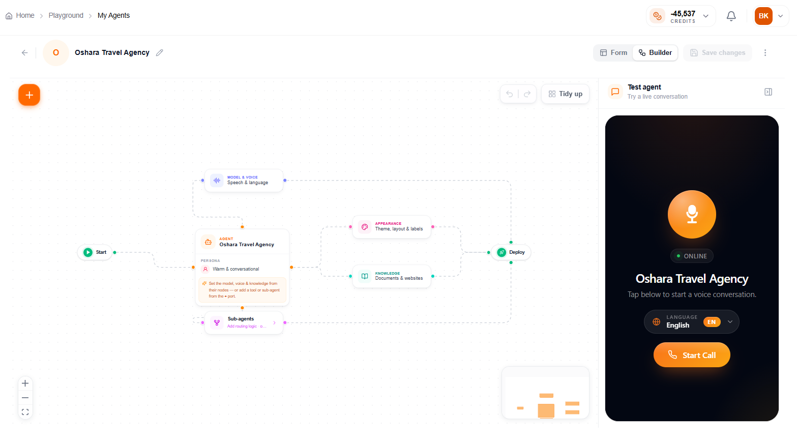 Builder view — visual node canvas