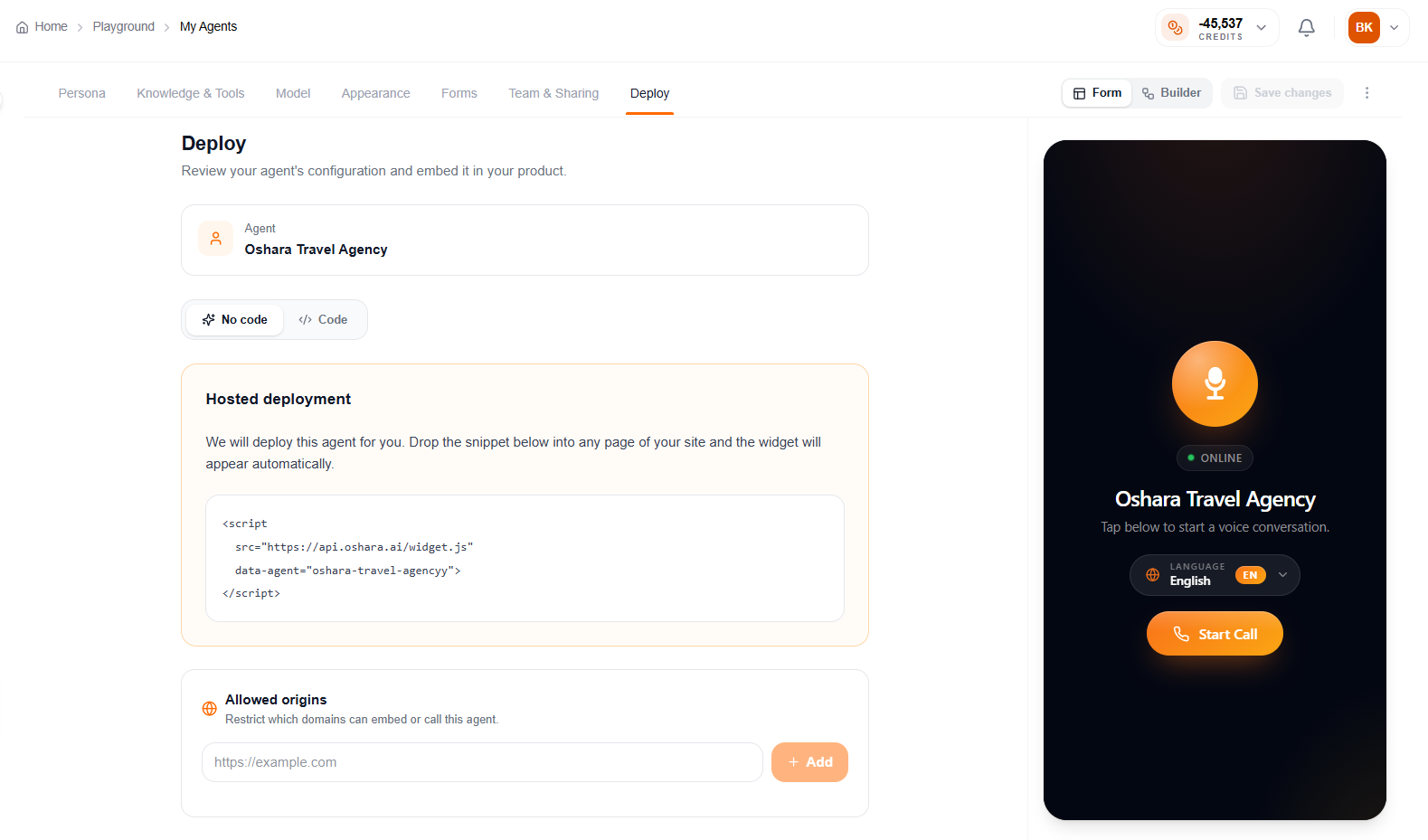 Deploy tab — embed snippet and allowed origins
